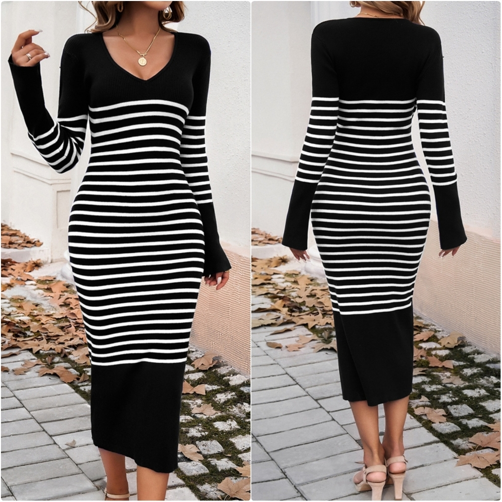 Striped Navy V-Neck Sweater Dress - Picture 10 of 11